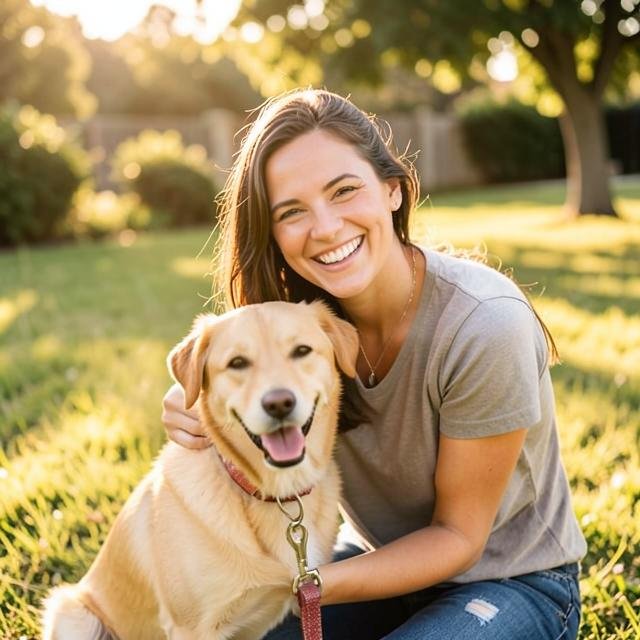 Dueña sonriendo junto a su perro saludable tras eliminar las alergias caninas