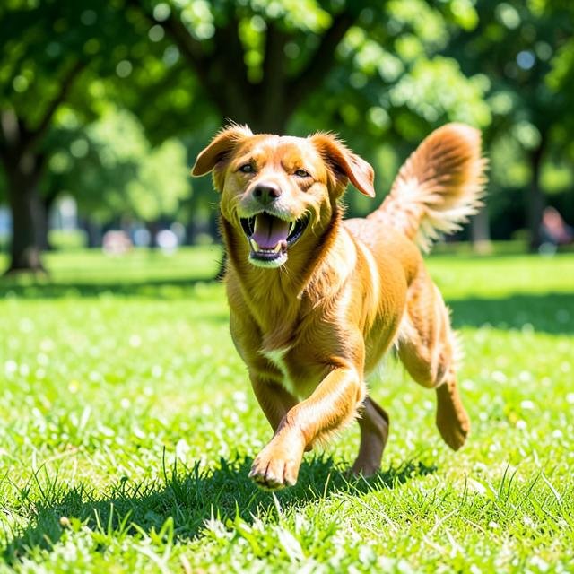 Perro jugando en el parque con energía después de una dieta natural