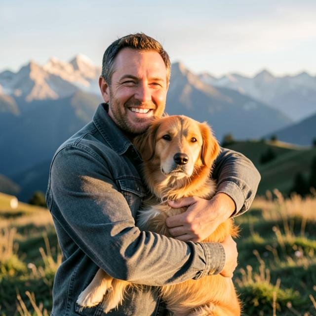 Dueño abrazando a su perro saludable al aire libre